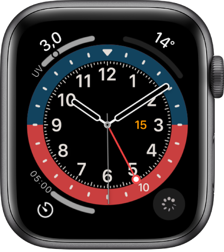 Cadran GMT, sur lequel vous pouvez ajuster la couleur. Il affiche quatre complications : Indice UV en haut à gauche, Température en haut à droite, Minuteur en bas à gauche, et Suivi de cycle en bas à droite.