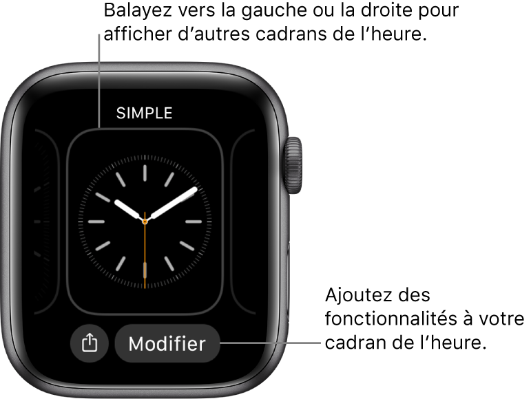 Si vous maintenez votre doigt sur l’écran, le cadran actuel s’affiche avec les boutons Partager et Modifier en bas. Balayez vers la droite ou la gauche pour afficher d’autres options de cadrans indiquant l’heure. Touchez une complication pour ajouter les fonctionnalités de votre choix.