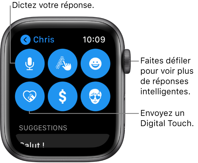 Écran de réponse affichant les boutons Dicter, Griffonner, Emoji, Digital Touch, Apple Pay et Memoji. Les réponses intelligentes se trouvent en dessous. Faites tourner la Digital Crown pour voir plus de réponses intelligentes.