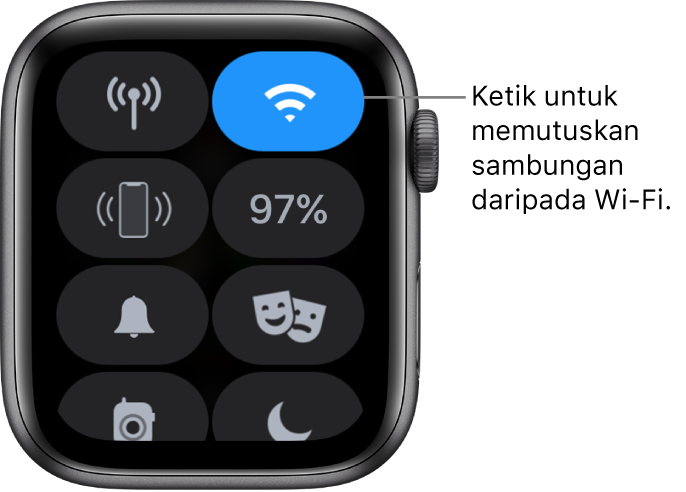 Pusat kawalan pada Apple Watch (GPS + Cellular), dengan butang Wi-Fi di bahagian kanan atas. Petak bual menunjukkan “Ketik untuk memutuskan sambungan daripada Wi-Fi.”