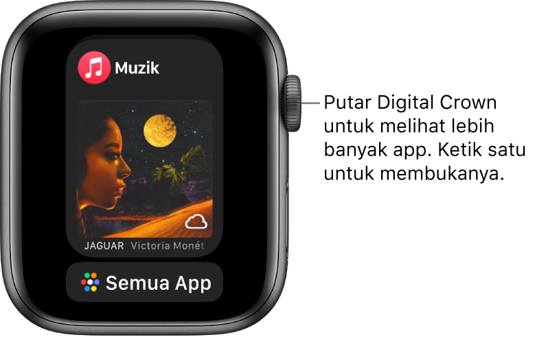 Dok menunjukkan app Muzik dengan butang Semua App di bawah. Putar Digital Crown untuk melihat lebih banyak app. Ketik satu untuk membukanya.