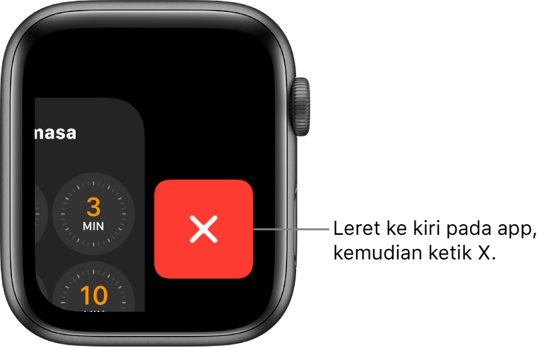 Dok selepas anda leret ke kiri pada app, dengan butang X di bahagian kanan.