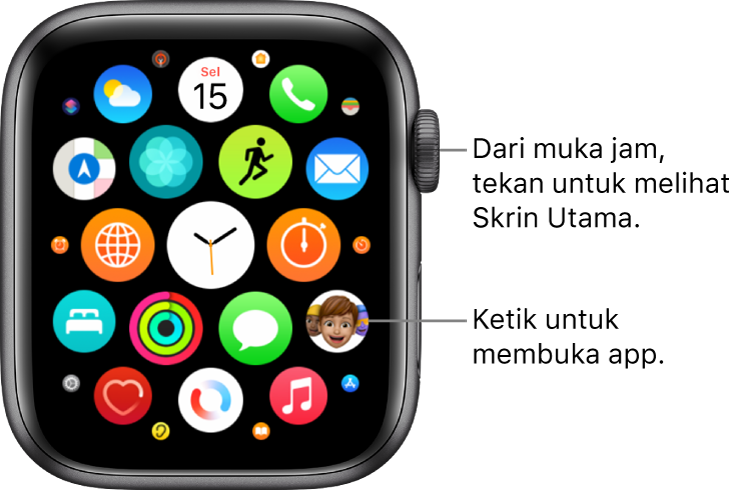 Skrin Utama dalam paparan grid pada Apple Watch, dengan app dalam kelompok. Ketik app untuk membukanya. Seret untuk melihat lebih banyak app.