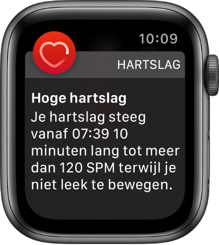 Het scherm 'Hoge hartslag' met een melding dat je hartslag boven de 120 slagen per minuut is gebleven terwijl je 10 minuten lang niet hebt bewogen.