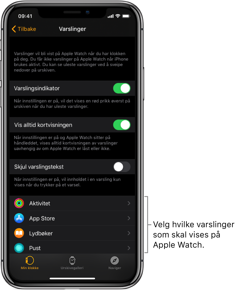 Varslinger-skjermen, som viser varslingskilder i Apple Watch-appen på iPhone.