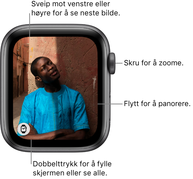 Mens du viser et bilde, kan du skru på Digital Crown for å zoome, flytte for å panorere eller dobbelttrykke for å bytte mellom visning av hele bildet og å fylle skjermen. Sveip til venstre eller høyre for å se neste bilde. Trykk på Urskive-knappen nederst til venstre for å opprette en urskive fra bildet.