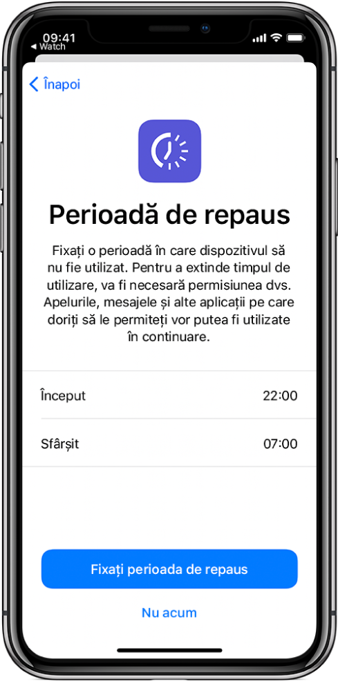 iPhone prezentând ecranul de configurare Perioadă de repaus. Alegeți ora de început și de sfârșit din centrul ecranului. Butoanele Fixați perioada de repaus și Nu acum se află în partea de jos a ecranului.