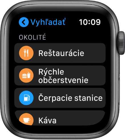 Aplikácia Mapy zobrazujúca zoznam kategórií: Reštaurácie, Rýchle občerstvenie, Čerpacie stanice, Káva a ďalšie