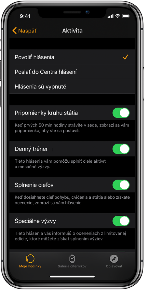 Obrazovka Aktivita v aplikácii Apple Watch, na ktorej si môžete vybrať hlásenia, ktoré chcete dostávať.