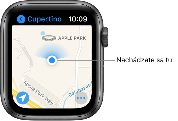 Apka Mapy zobrazujúca mapu. Vaša poloha je na mape znázornená modrou bodkou. Nad bodkou polohy je modrý vejár, ktorý oznamuje, že hodinky sú nasmerované na sever.