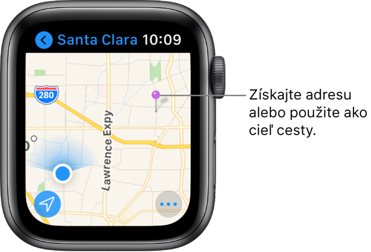 Aplikácia Mapy zobrazuje mapu so fialovým špendlíkom, ktorý možno použiť na získanie približnej adresy miesta na mape alebo ako cieľ trasy.