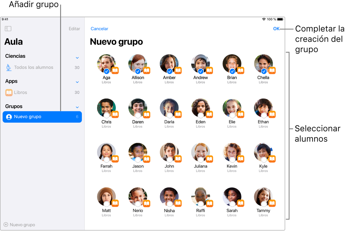 Ventana de Aula con los nombres y las fotos de los alumnos seleccionados para formar un nuevo grupo.