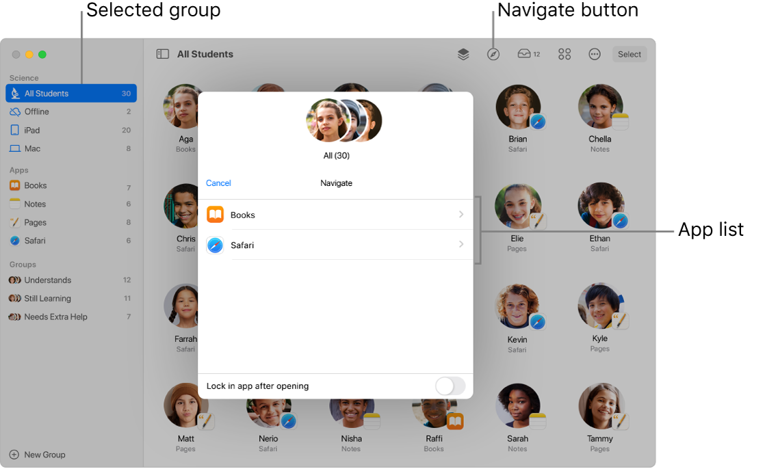 A Classroom window highlighting the Navigate button and a selected group of students. The Navigate pane shows two destinations—Books and Safari.