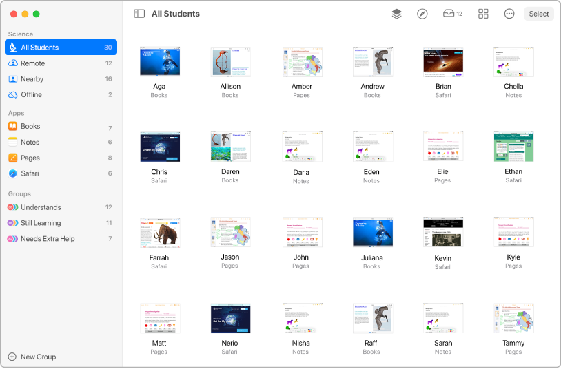 The Classroom window on Mac, with the button Screens highlighted. The screen of each selected student is displayed in the lower part of the screen.