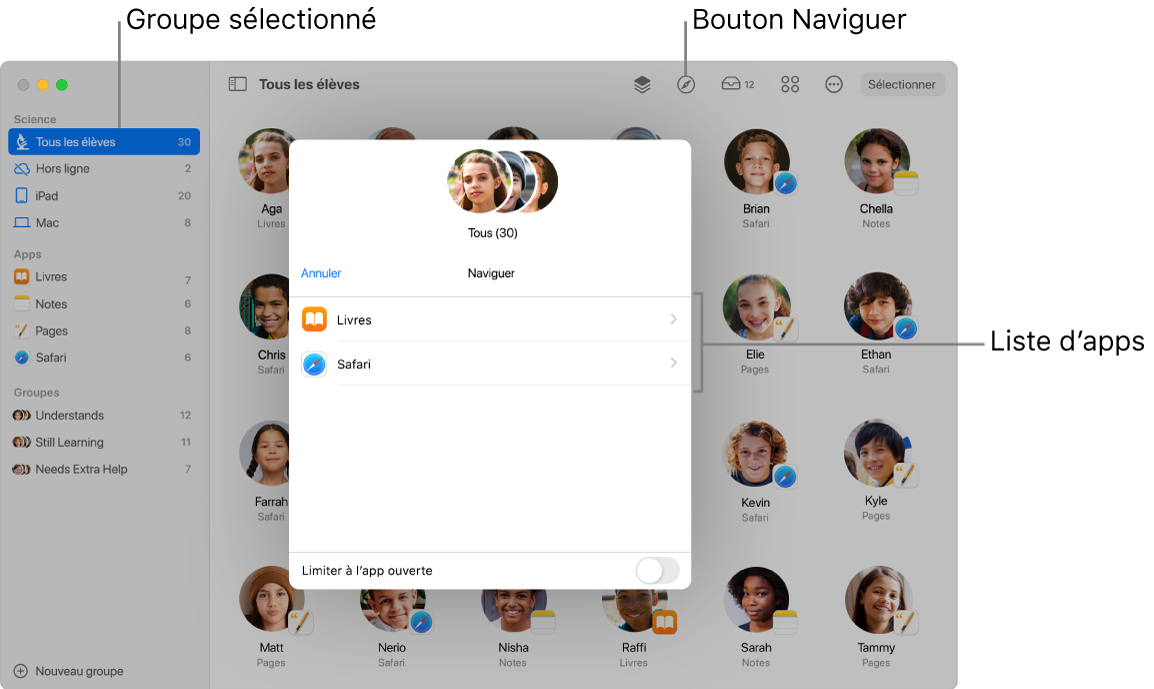 Fenêtre En classe mettant en évidence le bouton Naviguer et un groupe d’élèves sélectionné. La sous-fenêtre de navigation affiche deux destinations : Livres et Safari.