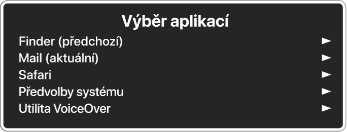 Výběr aplikací, kde je uvedeno pět otevřených aplikací, včetně Finderu a Předvoleb systému Napravo od každé položky seznamu je šipka.