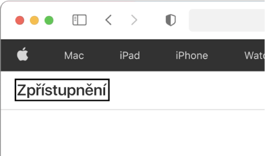 Kurzor VoiceOveru v podobě tmavého pravoúhlého orámování je zaměřen na slovo „Zpřístupnění“ na obrazovce.