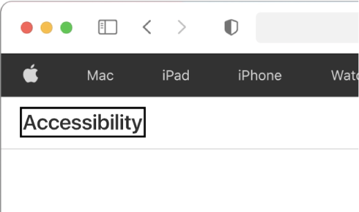The VoiceOver cursor — a dark rectangular outline — focused on the word “Accessibility” on screen.
