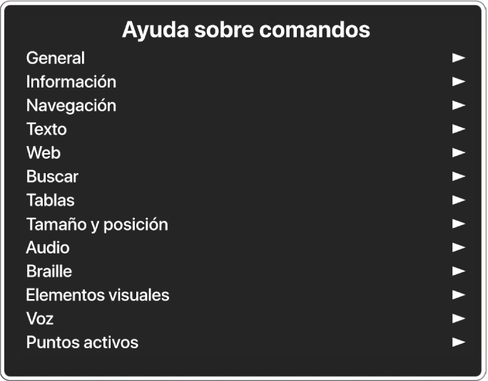 El menú "Ayuda sobre Comandos" es un panel que incluye las categorías de comandos, empezando con los generales y terminando con los puntos activos. A la derecha de cada elemento en la lista hay una flecha para acceder al submenú del elemento.