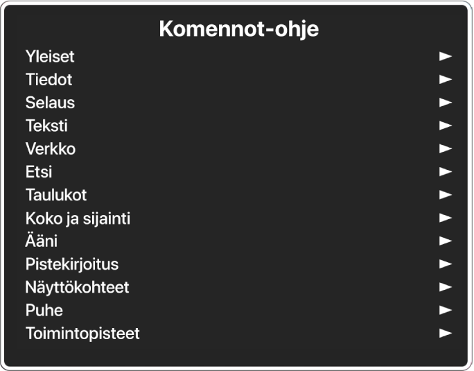 Komennot-ohjevalikko on paneeli, jossa on luetteloituna komentokategoriat, alkaen Yleiset-kategoriasta ja päättyen Toimintopisteet-kategoriaan. Kunkin luettelokohteen oikealla puolella on nuoli, jolla pääset kohteen alivalikkoon.