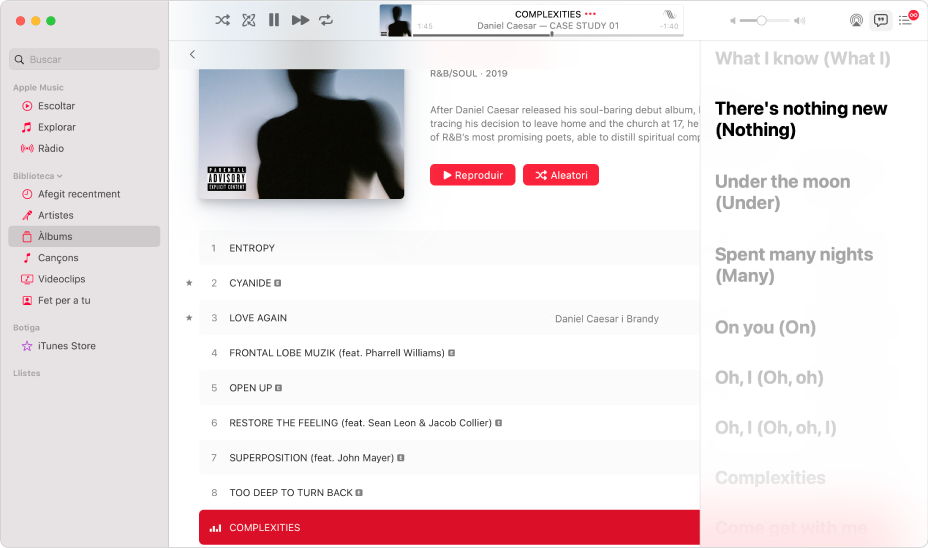 Una cançó que s’està reproduint amb la lletra a la dreta, que apareix a la pantalla sincronitzada amb la música.