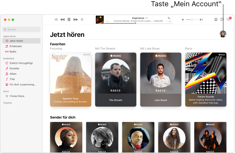 Das Fenster der App „Apple Music“ zeigt „Jetzt hören“. Die Taste „Mein Account“ (sie sieht aus wie ein Foto oder ein Monogramm) oben rechts im Fenster.