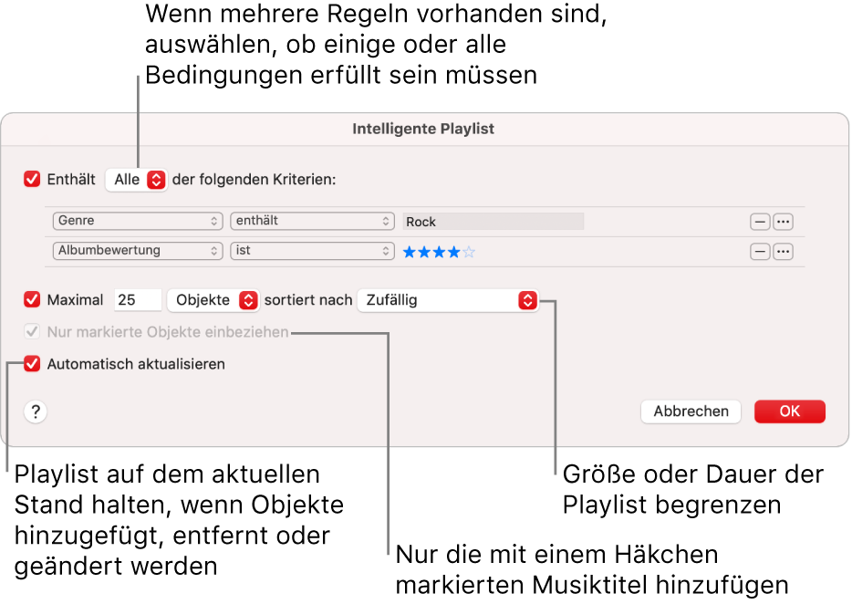 Das Dialogfenster „Intelligente Playlist“: Wähle oben links „Enthält“ und gib die Kriterien für die Playlist an (etwa Genre oder Wertung). Durch Klicken auf die Taste „Hinzufügen“ oder „Entfernen“ oben rechts kannst du weitere Regeln hinzufügen oder Regeln entfernen. Im unteren Bereich des Dialogfensters kannst du verschiedene Optionen auswählen, um z. B. die Größe oder Dauer der Playlist zu beschränken, um nur solche Titel aufzunehmen, die markiert sind, oder um die App „Musik“ die Playlist ändern zu lassen, wenn sich Objekte in deiner Mediathek ändern.