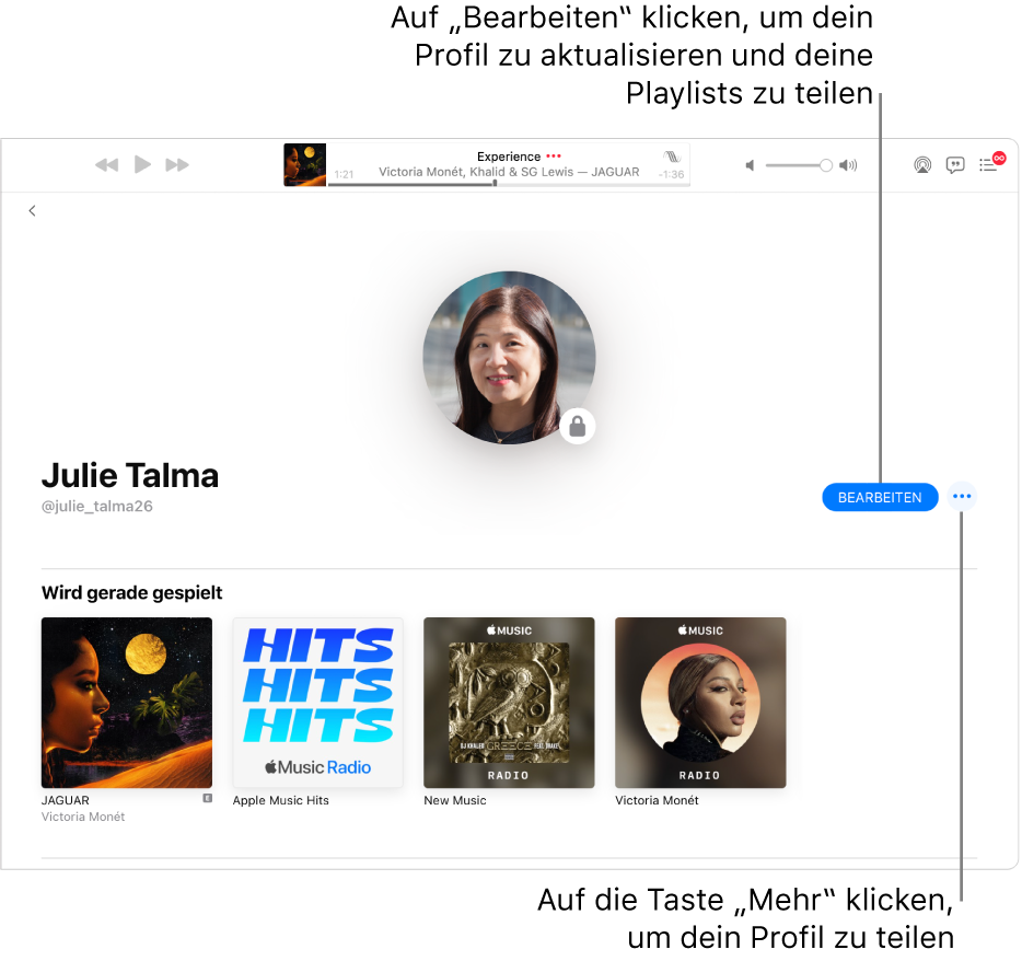 Die Profilseite in Apple Music: Klicke auf der rechten Fensterseite auf „Bearbeiten“, um festzulegen, wer dir folgen kann. Klicke rechts neben „Bearbeiten“ auf die Taste „Mehr“, um deine Musik zu teilen.