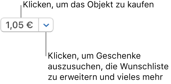 Eine Taste mit einer Preisangabe Klicke auf den Preis, um das Objekt zu kaufen. Klicke auf den Pfeil neben dem Preis, um das Objekt einem Freund zu schenken, es zur Wunschliste hinzuzufügen und mehr.