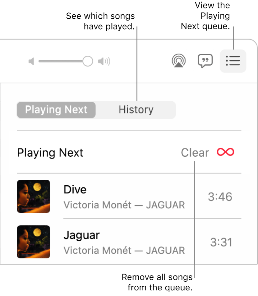 The top-right corner of the Music window with the Playing Next button in the banner showing the Playing Next queue. Click the History link to see the previously played songs. Click the Clear link to remove all songs from the queue.