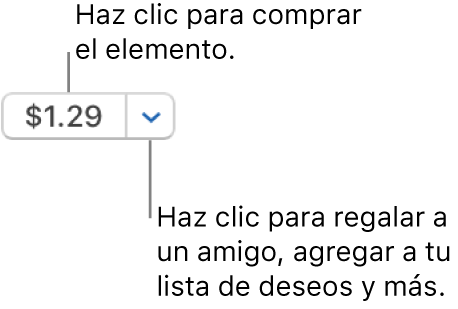 Un botón que indica un precio. Haz clic en el precio para comprar el elemento. Haz clic en la flecha junto al precio para dar el elemento como regalo a un amigo, ingresar el elemento a tu lista de deseos, y más.