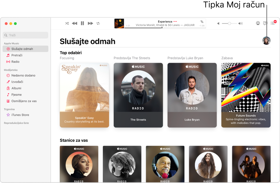 Prozor usluge Apple Music s prikazom Slušajte sada. Tipka Moj račun (koja izgleda poput fotografije ili monograma) nalazi se u gornjem desnom kutu prozora.