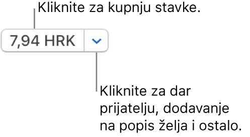 Tipka koja prikazuje cijenu. Kliknite na cijenu da kupite stavku. Kliknite na strelicu pokraj cijene kako biste stavku poklonili prijatelju, dodajte stavku u popis želja i ostalo.