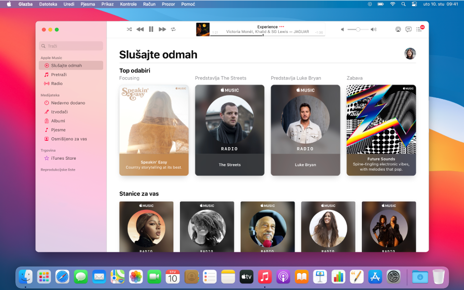 Prozor usluge Apple Music s prikazom Slušajte sada.