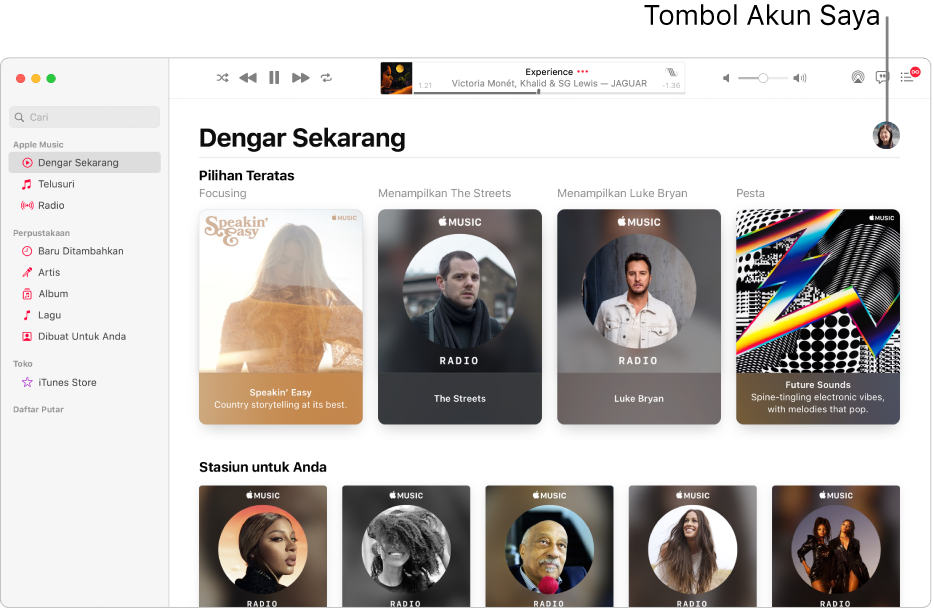 Jendela Apple Music menampilkan Dengar Sekarang. Tombol Akun Saya (yang terlihat seperti foto atau monogram) ada di pojok kanan atas jendela.