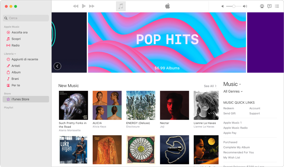 Finestra principale di iTunes Store: iTunes Store è evidenziato nella barra laterale.