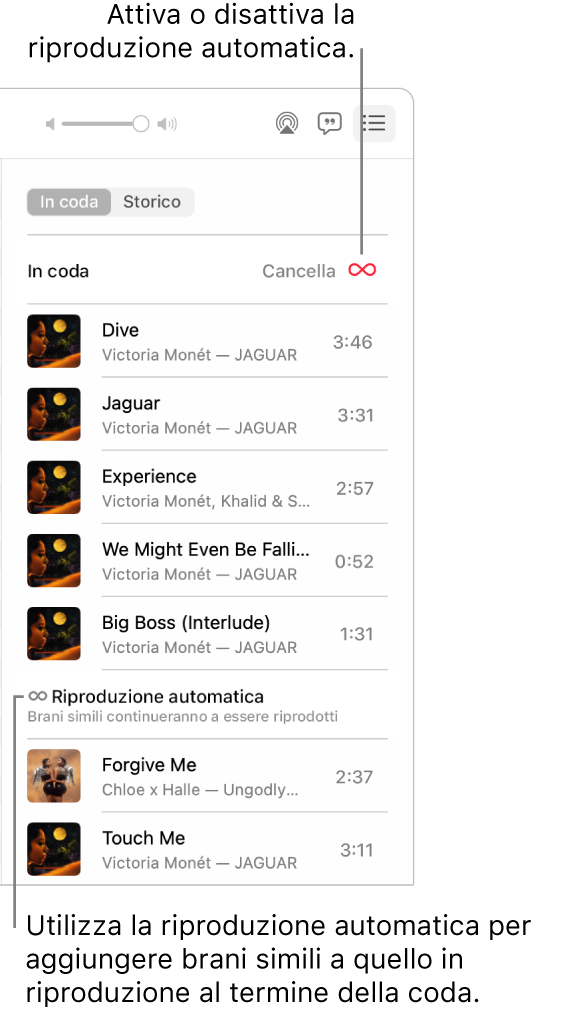 La coda “In coda”. Fai clic sul pulsante “Riproduzione automatica” per attivarla o disattivarla. Quando “Riproduzione automatica” è attiva, canzoni simili vengono aggiunte in fondo alla coda.