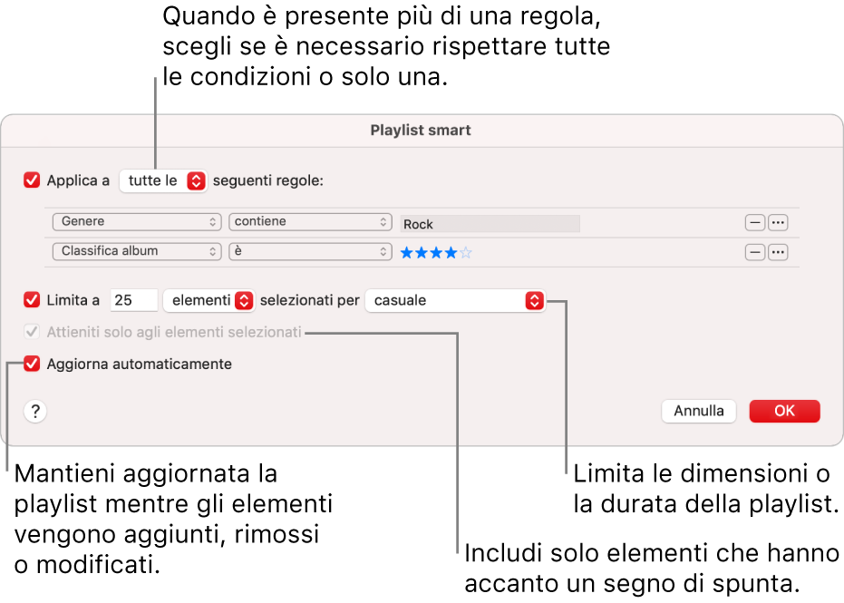 La finestra di dialogo Playlist smart: nell’angolo in alto a sinistra, seleziona Utilizza, quindi specifica i criteri della playlist (ad esempio, genere o classifica). Continua ad aggiungere o rimuovere regole facendo clic sui pulsante Aggiungi o Rimuovi nell’angolo in alto a destra. Seleziona varie opzioni nella parte inferiore della finestra di dialogo, ad esempio limitare le dimensioni o la durata della playlist, includendo solo i brani che sono selezionati o fare in modo che Musica aggiorni la playlist mentre gli elementi nella tua libreria cambiano.