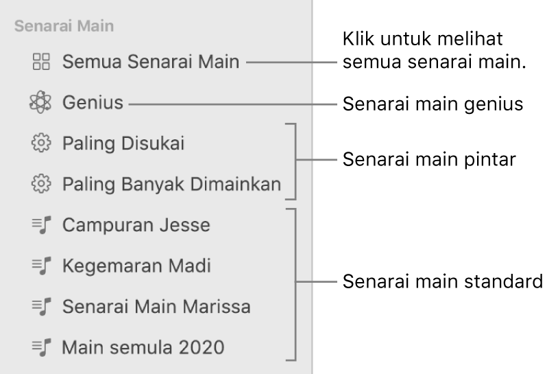 Bar sisi Muzik menunjukkan pelbagai jenis senarai main: Senarai main Genius, Pintar dan standard. Klik Semua Senarai Main untuk melihat kesemuanya.