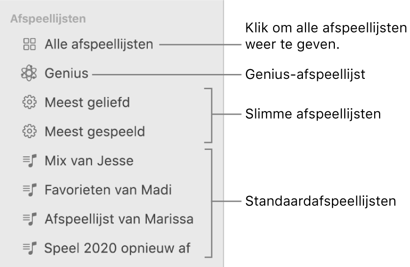 In de navigatiekolom van Muziek zie je de diverse typen afspeellijsten: Genius-, slimme en standaardafspeellijsten. Klik op 'Alle afspeellijsten' om ze allemaal te bekijken.