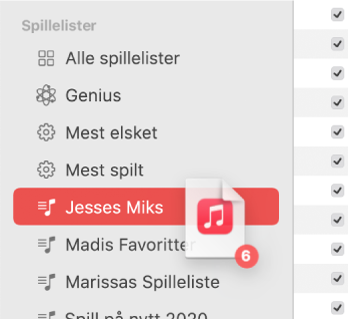 Et album flyttes til en spilleliste. Spillelisten er fremhevet.