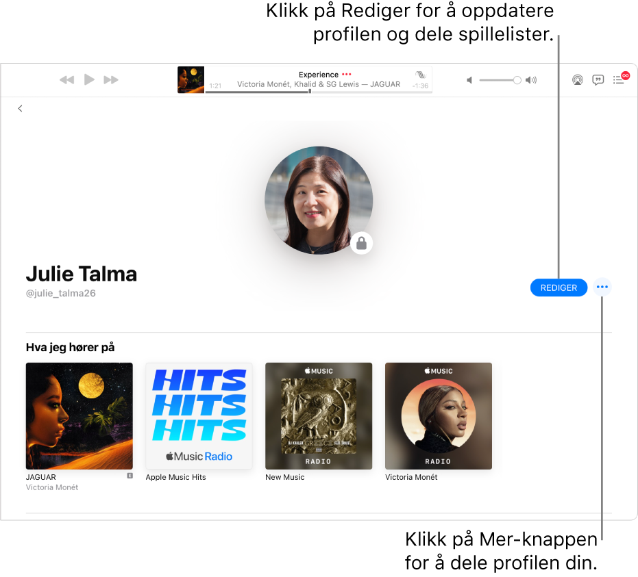 Profilsiden i Apple Music: Klikk på Rediger på høyre side i vinduet for å angi hvem som kan følge deg. Klikk på Mer-knappen til høyre for Rediger for å dele musikk.