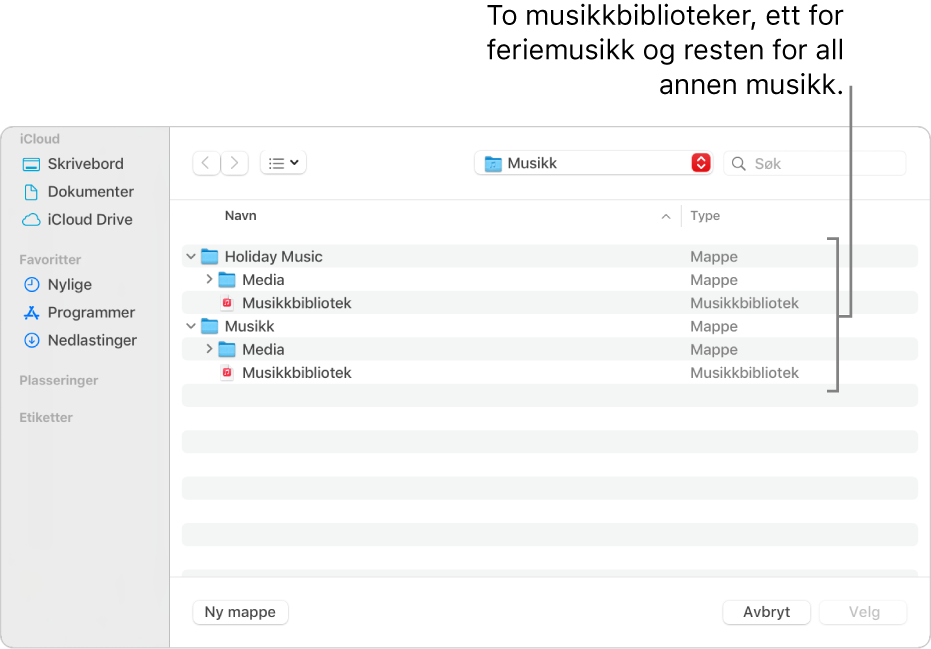 Finder-vinduet som viser flere biblioteket – ett for feriemusikk og et annet for resten av musikken.