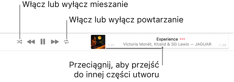 Baner oraz odtwarzany utwór. Przycisk mieszania znajduje się w lewym górnym rogu; przycisk powtarzania znajduje się w prawym górnym rogu. Przeciągnij głowicę, aby przejść do innej części utworu.