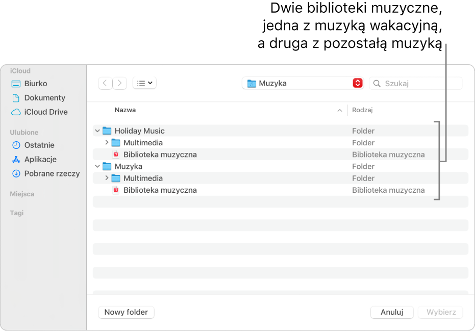 Okno Findera zawierające kilka bibliotek, jedną z muzyką świąteczną, a pozostałe z resztą Twojej muzyki.