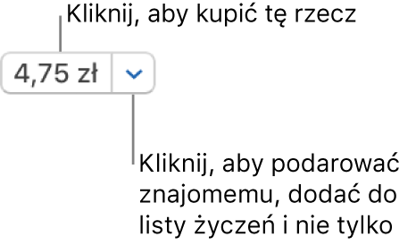 Przycisk z ceną. Kliknij w cenę, aby kupić daną rzecz. Kliknij w strzałkę obok przycisku z ceną, aby podarować daną rzecz znajomemu, dodać ją do swojej listy życzeń itd.