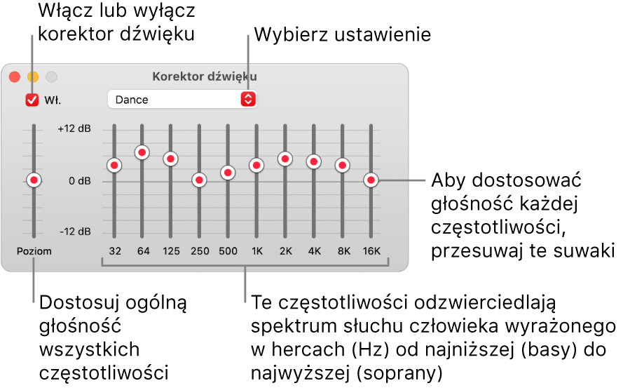 Okno korektora dźwięku: Pole wyboru pozwalające włączyć korektor dźwięku w Muzyce znajduje się w lewym górnym rogu okna. Obok niego znajduje się menu podręczne ze zdefiniowanymi ustawieniami. Po lewej stronie okna można korygować całkowitą głośność zakresów częstotliwości za pomocą przedwzmacniacza. Pod ustawieniami korektora dźwięku można korygować poziom dźwięku różnych zakresów częstotliwości reprezentujących spektrum ludzkiego słuchu od najniższego do najwyższego.