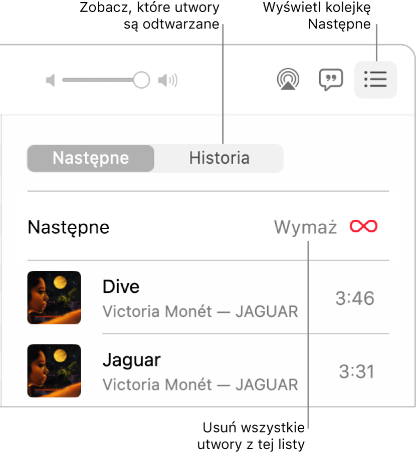 Prawy górny róg okna Muzyki. Na banerze widoczny jest przycisk kolejki Następne, który wyświetla kolejkę Następne. Kliknij w łącze Historia, aby zobaczyć ostatnio odtwarzane utwory. Kliknij w łącze Wymaż, aby usunąć wszystkie utwory z kolejki.