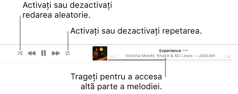 Bannerul cu o melodie în curs de redare. Butonul Mod aleatoriu se află în colțul din stânga sus; butonul Repetă se află în colțul din dreapta sus. Trageți cursorul de redare pentru a trece la o altă parte a melodiei.