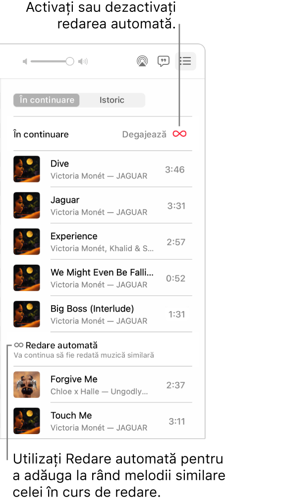 Coada “În continuare”. Faceți clic pe butonul de redare automată pentru a o activa sau dezactiva. Când redarea automată este pornită, melodii similare sunt adăugate la sfârșitul cozii.